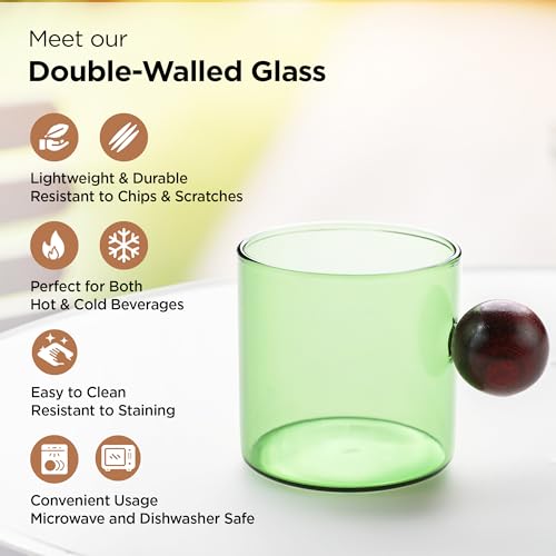 Image of UMAI Borosilicate Glass Coffee Mug with Wooden Handle | Tea Cups Set of 2 (120ml Each) | High Heat Resistance | Microwave and Dishwasher Safe | Ideal Gifts for Friends /Family /Couples (Green)
