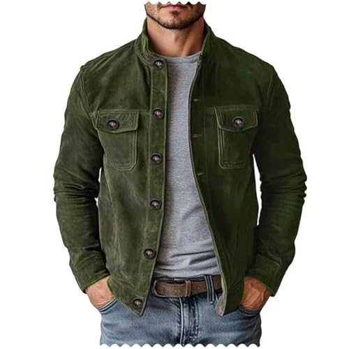 Vatwib Mens Vintage Trucker Suede Jacket Faux Leather Casual Western Lightweight Blazer Sport CoatGreenL