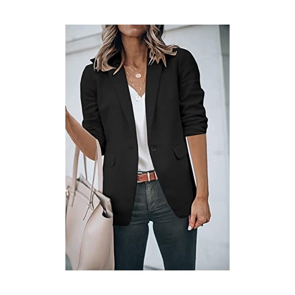 Hotouch Womens Casual Blazers 3/4 Stretchy Ruched Sleeve One Button Work Office Blazer Open Front Jacket S-XXXL Black - Image 3