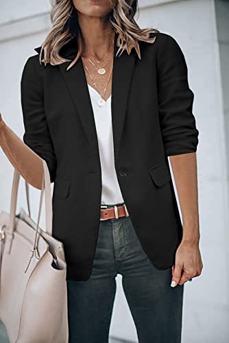 Hotouch Womens Casual Blazers 3/4 Stretchy Ruched Sleeve One Button Work Office Blazer Open Front Jacket S-XXXL Black - Image 3
