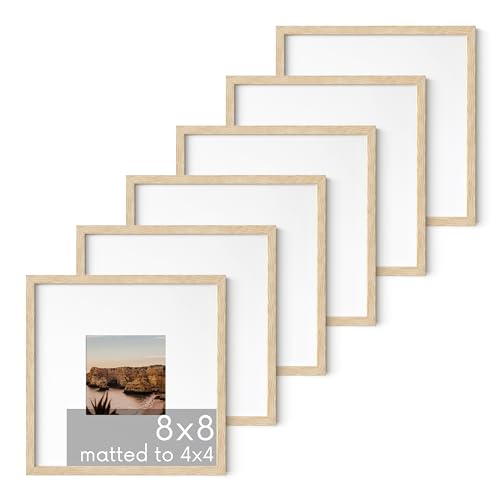 HAUS AND HUES Solid Oak Wood 8”x8” Picture Frames Matted to 4”x4” Set of 6-8x8 Standard Square Picture Frames, Photo Gallery Wall Frame Set, Beige 8x8 Picture Frames Matted (Beige Oak Frames)