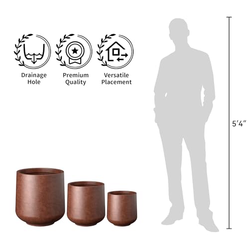 Image of Kante Large Round Curved Rusty Concrete Planter 16.5 inch Dia, Outdoor | Rubber Plug for Indoor, Drainage for Garden, All-Weather Cement Tree Pot, Handcrafted, Anti-Frost & UV, Modern Home Decor