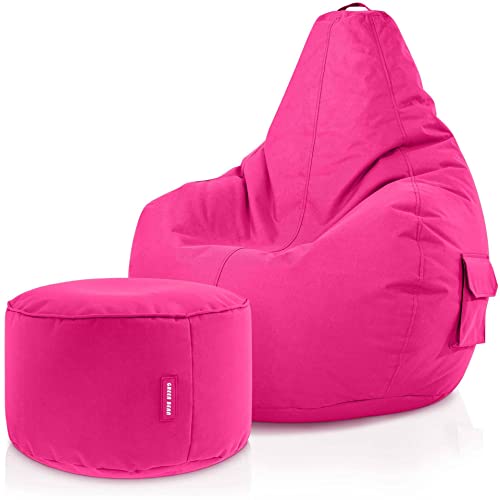 Green Bean 2er Set Sitzsack + Hocker - fertig befüllt - robust waschbar schmutzabweisend - Kinder & Erwachsene Bean Bag Bodenkissen Lounge Sitzhocker Relax-Sessel Gamer Gamingstuhl Pouf - Pink
