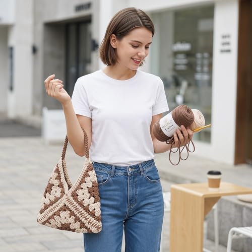 Image of 2 Pack T-Shirt Yarn for Beginner Crochet Bags /Basket /Coaster, 400g /144yds High Elastic Thick Polyester Fabric (Light Khaki+Milk Tea Brown)