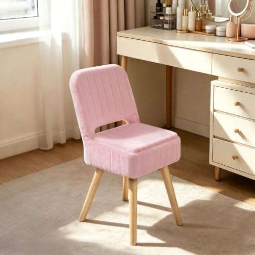 KANEODOT Vanity Stool with Storage & Folding Backrest,Faux Rabbit Fur Small Makeup Chair with 4 Solid Wood Legs,11.4" D x 14.9" W x 28.7" H,Soft Ottoman for Living Room,Bedroom,Closet,Pink