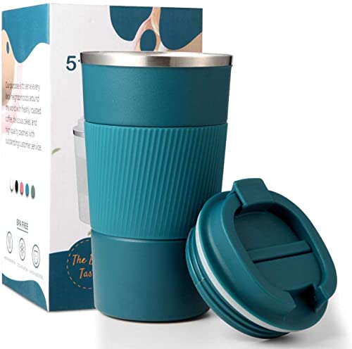 Image of SPIREX Insulated Travel Coffee Mug 2.0 | Double Wall Vacuum Stainless Steel Fat-Bottomed Coffee Cup Tumbler with Spill Proof Flip Lid for Hot and Ice Beverages (Blue Color, 500Ml), 500Milliliter