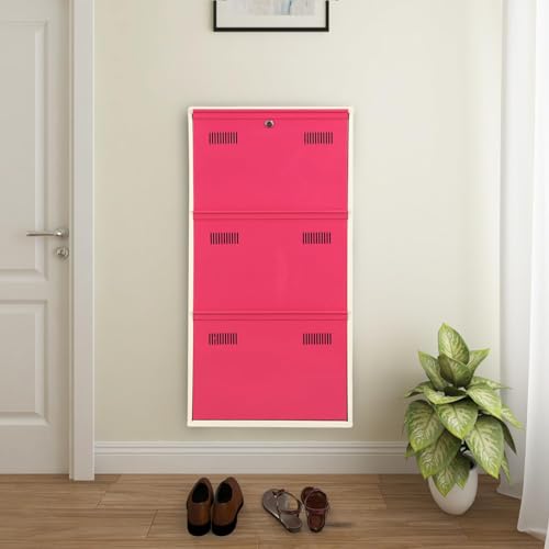 Image of Metal Shoe Rack Wall Mounted for Home with Central Locking 3 Door 20 inch Wall Mounted Metal 6 Pair Shoe Rack Cabinet Pre-Assembled Rack Shelves 3 Year Warranty (Pink & Ivory)