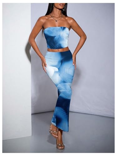 GORGLITTER Women's Two Piece Outfits Strapless Tie Dye Tube Crop Top and Bodycon Maxi Skirt Set3