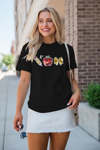Teacher Shirts for Women Teach Teaching Tshirt Sequin Apple Shirt Back to School Shirt Teacher Life Tee Tops3