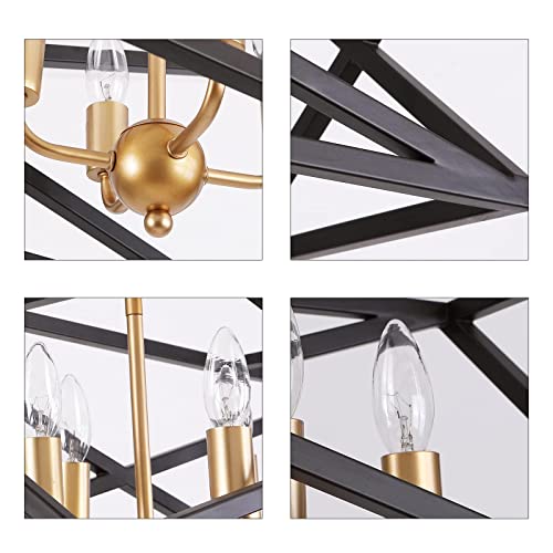 Large Modern Farmhouse Chandelier 8-Lights Black and Gold Industrial Metal Chandelier Light Fixtures for Dining Room Rectangular Linear Kitchen Island Lights UL Listed