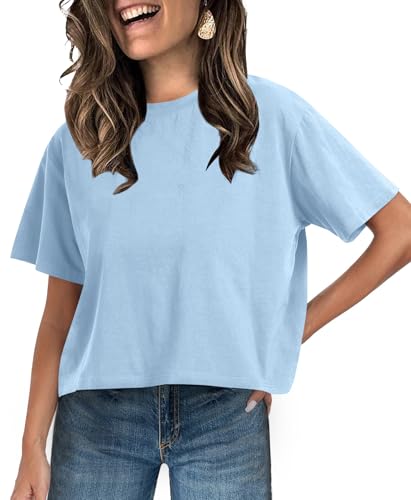 Image of UNCLECAT Womens Short Sleeve Crop Tops Summer Basic Cropped T Shirts | Workout,Casual,Crew Neck Tee,Boxy Loose Fit,Cotton Trendy Clothes