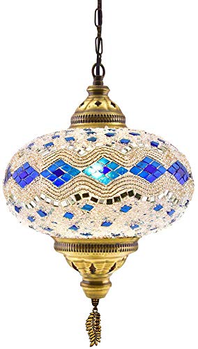 Turkish Moroccan Mosaic Glass Handmade Ceiling Pendant Fixture Hanging Lamp Light Chandelier (Ocean Breeze - 10"Xl) #TOP20