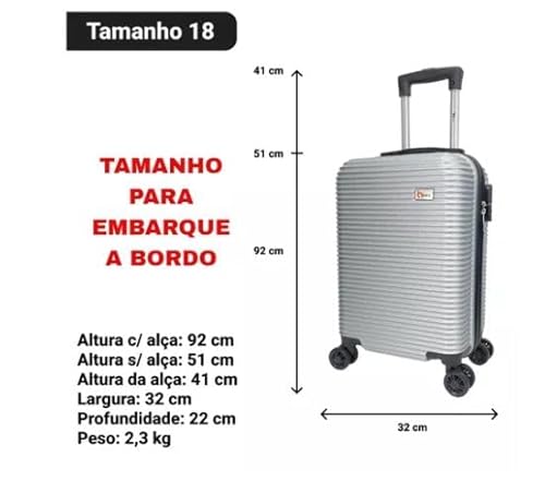 Kit Mala Bordo Com Frasqueira Bagagem de Mão ABS Rígido Rodinhas 360 18