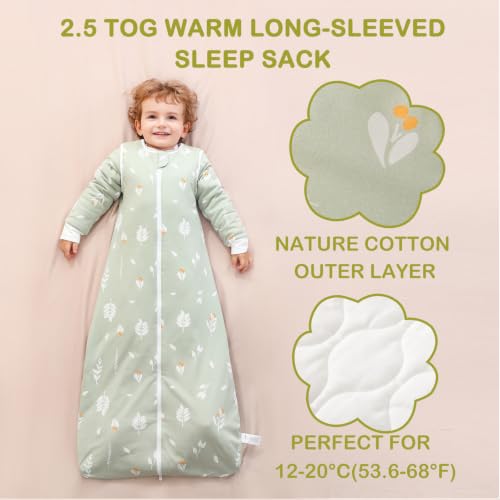 Image of Baby Sleep Sack 2.5 TOG Cotton Foliage M | 100% Cotton detachable sleeves baby sleep sack, gentle on baby's skin with winter warmth and cozy sleep comfort for 6-18M