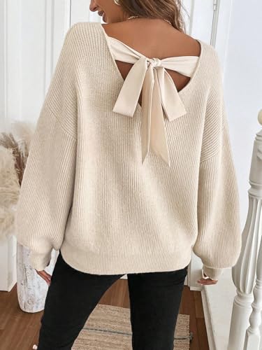 Women's Off The Shoulder Pullover Bow Tie Crew Neck Long Sleeve Sweater Cute Trendy Cozy Sweaters2