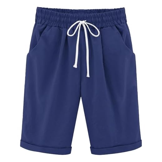 NLAND Short Femme Ete Sport Bermudas avec Poches Pantalon Court Décontractée avec Cordon Élastique pour Fitness Jogging Yoga Vacance(Bleu Marine,L)