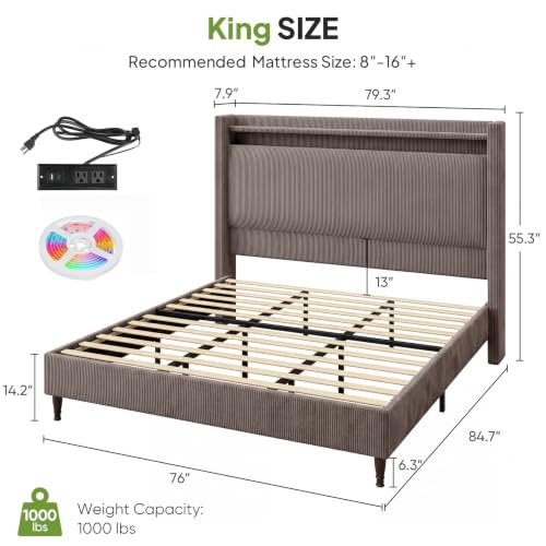 Image of King Size Bed Frame with 55.3 inch Tall Headboard, Corduroy Upholstered, Taupe