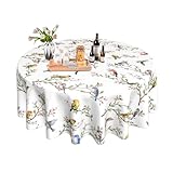 JYKCUL Spring Summer Tablecloth Round 60 Inch, Birds Branch Floral Table Cloth Washable Table Cover for Party Picnic Kitchen Dinner Decor