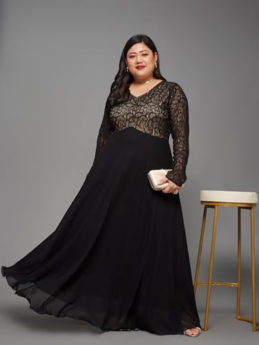 Image of Miss Chase A+ Women's Floral Printed Relaxed Fit V -Neck 3 /4Th Sleeve Georgette Maxi Dress
