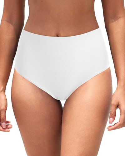 Dipinon Women's White High Waisted Bikini Bottom Full Coverage Bathing Suit Swim Bottoms Tummy Control Swimsuit Shorts M