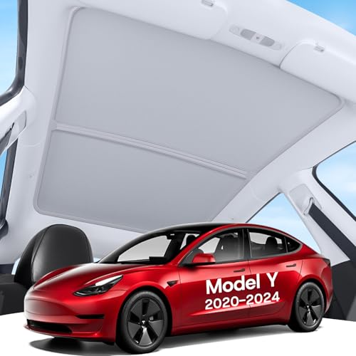 SUMK Upgraded Sunshade Roof for Tesla Model Y 2020-2024 [Graphene Infused Fabric & UPF 50+ & No-Sag] OEM-Fit Precision Heat Insulation Glass Roof Sun Shade for Tesla Model Y Accessories Gray 2PCS