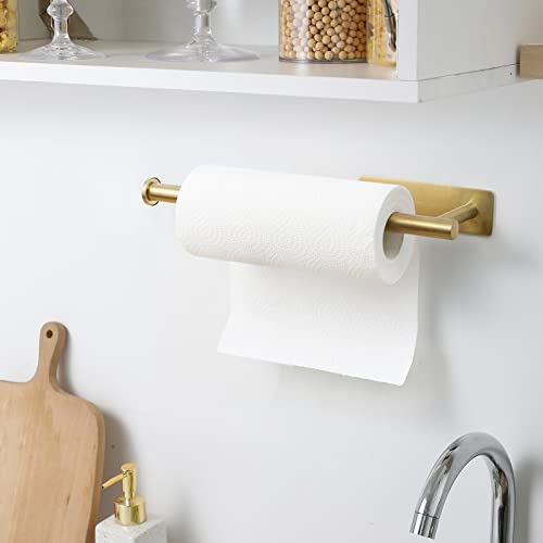 Image of theaoo Under Cabinet Paper Towel Holder for Kitchen, Adhesive, Gold | Wall Mounted Paper Towel Roll Rack for Bathroom or Kitchen, SUS304 Stainless Steel, Self-Adhesive or Screw Installation
