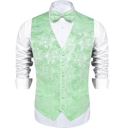 Image of DiBanGu Mens Paisley Suit Waistcoat,Silk Dress Vest and Bowtie Pocket Square Cufflinks with Lapel Pin Set for Wedding Tuxedo