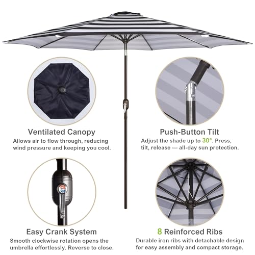 Image of Blissun 10FT Patio Umbrella, Outdoor Table Umbrella, Yard Umbrella, Market Umbrella with 8 Sturdy Ribs, Push Button Tilt and Crank, Black & White Stripe
