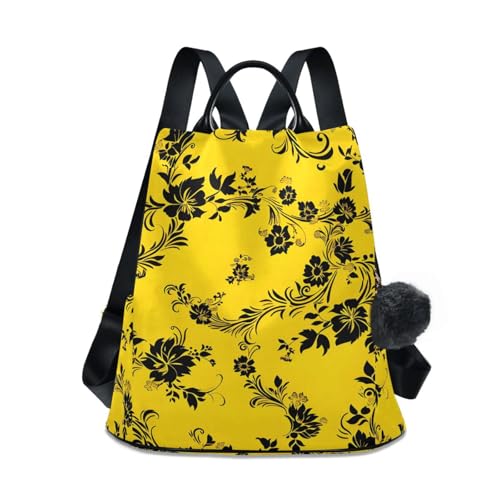 Black Yellow Floral Pattern Backpack for Women Anti Theft Large Fashion Travel Shoulder Bag Purse Rucksack Lightweight