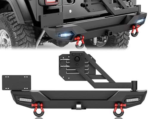 Image of for JL JLU Rear Bumper with Spare Tire Carrier Compatible with 2018 2019 2020 2021 2022 2023 2024 2025 2026 Jeep Wrangler JL JLU with LED Lights, License Plate Frame, 2 inch Hitch Receiver, D-rings