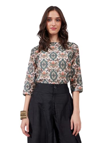 FableStreet Women Casual Top | Boat Neck Three-Quarter Sleeves Floral Print Hip Length | Lightweight Smooth Fabric, Work & Vacation Outings | Multi