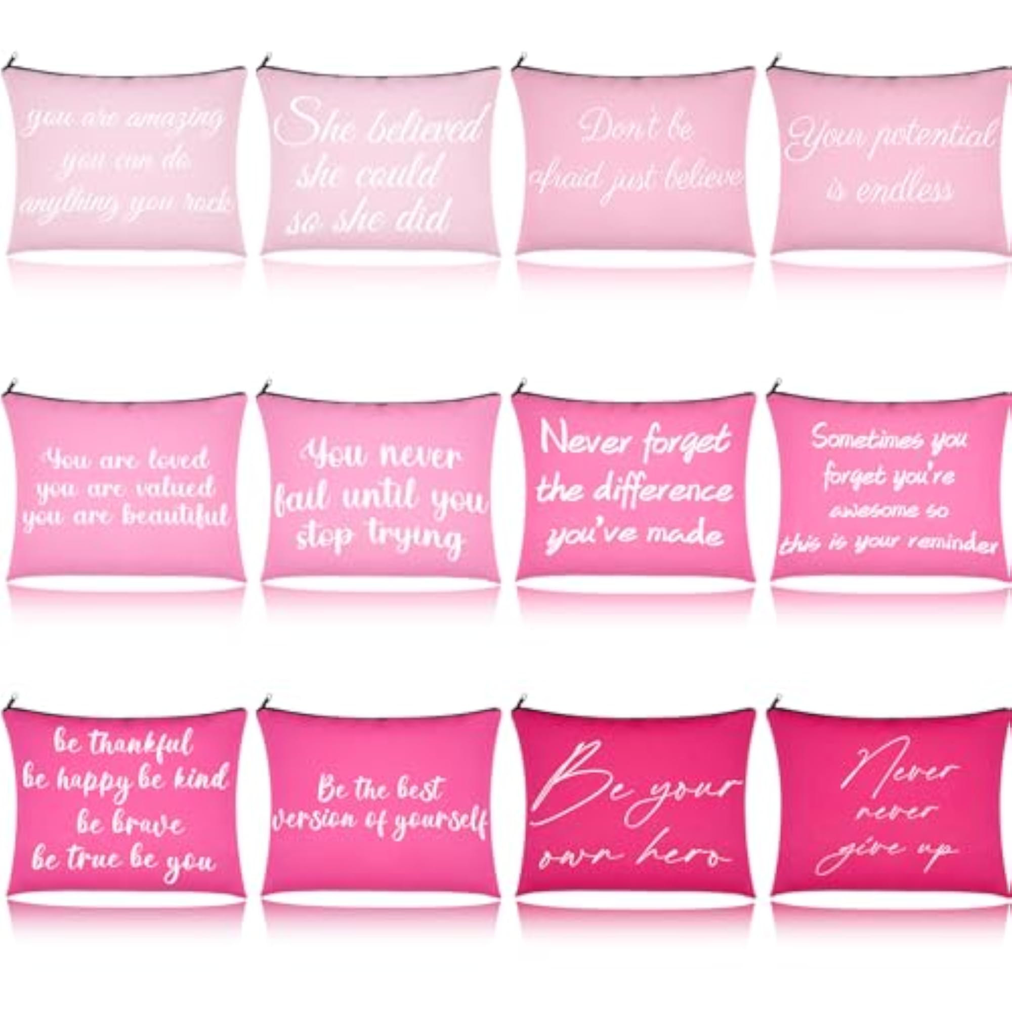 12 PCS Pink Inspirational Canvas Makeup Bags, Bulk Set
