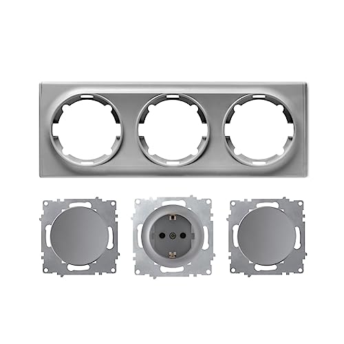 OneKeyElectro - Juego de enchufes Schuko y 2 interruptores de luz de encendido/apagado, empotrado, mate, antihuellas dactilares, protección IP20, 230 V/16 A, redondo, con marco de 3 capas, horizontal,