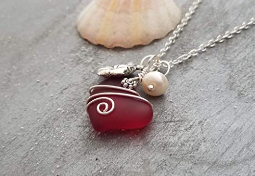 Hawaii Jewelry, Ruby Red Heart Sea Glass with designer wire wrap, HIbiscus and Freshwater pearl charms,"July Birthstone", (Hawaii Gift Wrapped, Customizable Gift Message)