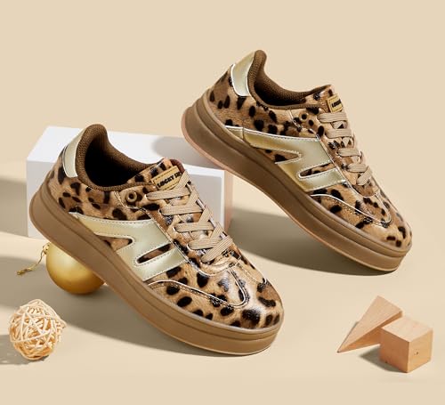 LUCKY STEP Boys Girls Platform Sneakers Fashion Casual Non Slip Walking Shoes Classic Retro Tennis Sneaker for Big Kids(4 M US Leopard/Gold)