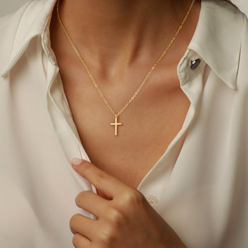 Turandoss Dainty 14K-Gold-Plated Cross Necklace for Women Trendy - Personalized 14K-Gold-Plated Plated Pendant Necklace Simple Thin Chain Cross Necklaces for Women Faith Jewelry First Communion Gifts