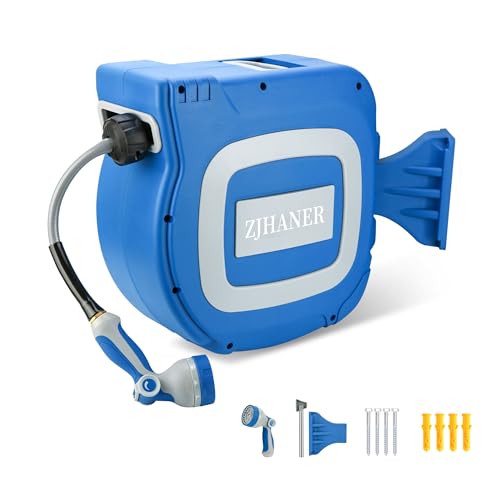 100FT Auto-Rewinding Garden Hose Reel with Drainage Holes, 10-Mode Spray Nozzle, Any Length Lock, 180-Degree Swivel Bracket & Wall Mounted for Lawn, Garden Watering Washing Car & Pets (Blue)