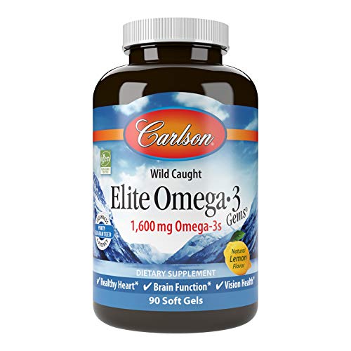 Carlson - Elite Omega-3 Gems, 1600 mg Omega-3 Fatty Acids Including EPA and DHA, Norwegian, Wild-Caught Fish Oil Supplement, Sustainably Sourced Omega 3 Fish Oil Capsules, Lemon, 90 Softgels