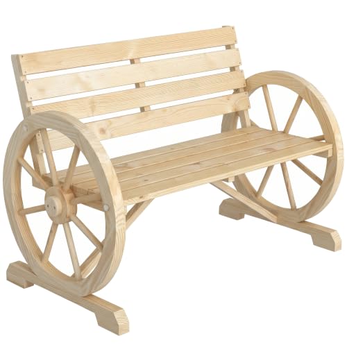 Outsunny Banco de Jardín de Madera, Banco de Exterior con Reposabrazos en Forma de Rueda, Estilo Rústico, Carga 240 kg, de 2 Plazas, para Patio, Terraza, 105,5x56x79 cm, Madera Natural