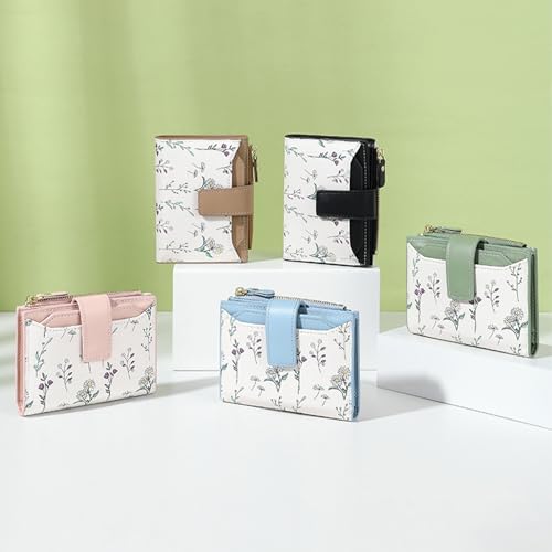 Image of Small Wallets for Women Leather Bifold Zipper Pocket Wallet Cute Flower Credit Card Holder Coin Purse with ID Window