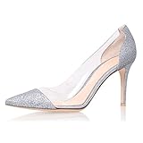 Eldof Womens High Heel Clear Pumps | 8CM 3inch Pointy Cap Toe Transparent PVC Stilettos | Wedding Dress Event Pumps Shoes, Silver, 10