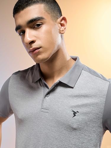 Image of TECHNOSPORT Men Polyester Self Design Polo Neck Half Sleeve T-Shirt with UPF50+, Double Cool for Gym, Sports and Regular Use