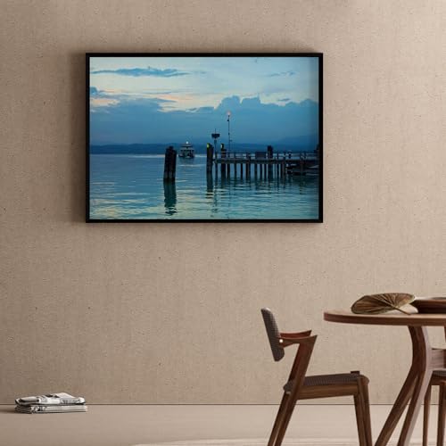 Image of ARTCREST Lake Garda Pier Painting Canvas Wall Art | Black Framed Scenic Lake Landscape Painting for Living Room, Bedroom or Office Walls | Large Decorative Canvas Wall Decor (16x20 Inches)