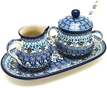Polish Pottery Cream & Sugar Set with Sugar Spoon - Blue Yonder