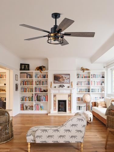 Image of Rustic Ceiling Fan with Lights and Remote, Large Farmhouse Ceiling Fan Caged Fandelier Chandelier, Reversible Quiet DC Motor 6 Speeds for Living Room (Rustic Cage, 52 Inch)