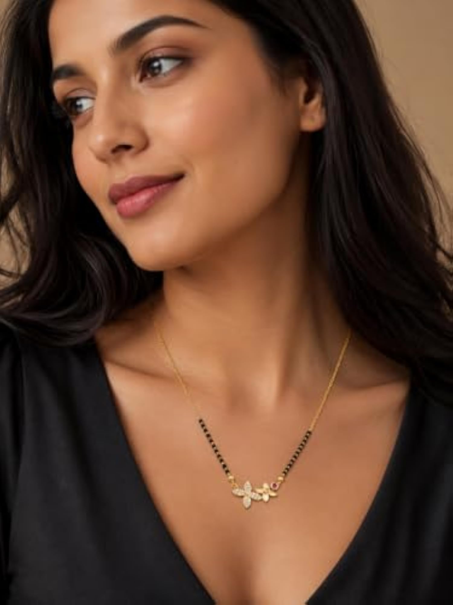 Women's Butterfly Bloom Diamond Mangalsutra with Black Bead Chain