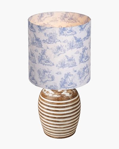 Image of Homesake Wooden Table Lamp for Bedroom | Bedside Lamp with Fabric Shade | E27 Holder with Bulb Included | Warm Light Night Lamp for Living Room, Study Table & Home Decor (KD Blue Printed Drum)