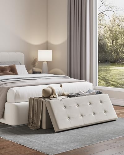 WOLTU Sitzbank mit Stauraum 110 cm, Truhe mit Stauraum 118 L faltbar, Sitztruhe Sitzbox Aufbewahrungsbox klappbar, Bettbank Schlafzimmer, belastbar bis 300 kg, aus Samt, Cremeweiß