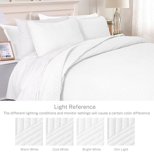 Exclusivo Mezcla Ultrasonic King Quilt Bedding Set, Lightweight White Bedspreads Soft Modern Geometric Coverlet Set for All Seasons (1 Quilt and 2 Pillow Shams)