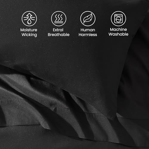 SLEEP ZONE Nanotex Super Soft Cooling Queen Bed Sheets Set 4 Piece - Easy Care Fitted Flat Sheet & Pillowcase Sets - Wrinkle Free, Fade Resistant, Deep Pocket 16" (Black, Queen)